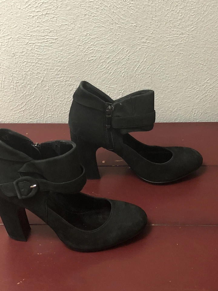 B Makowsky Negro Gamuza Cuero Tacón Bombas Cremallera Elegante Botines Correa para el Tobillo 10M Foto 2 de 4