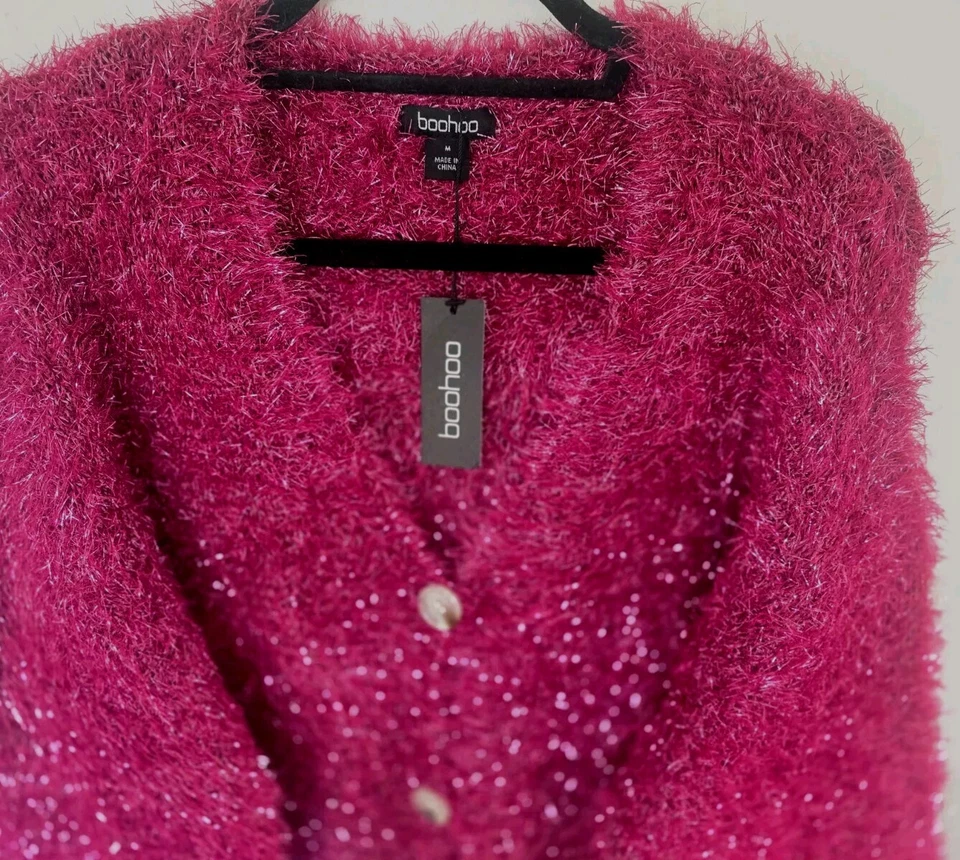 BOOHOO женщин M длинные волосы металлический розовый вязаный кардиган новый с ярлыками - Изображение 3 из 4