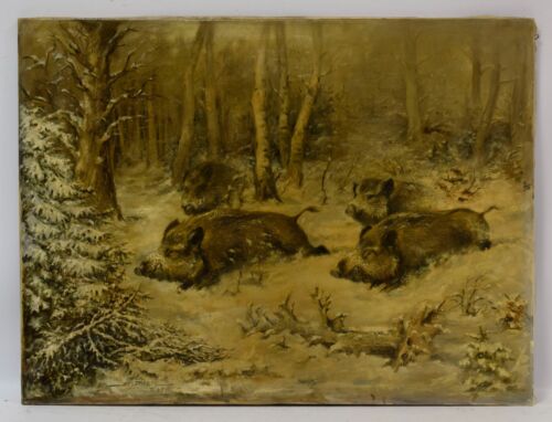 1968 Altes Gemälde "Wildschweine in winterlicher Landschaft", Öl, signiert.