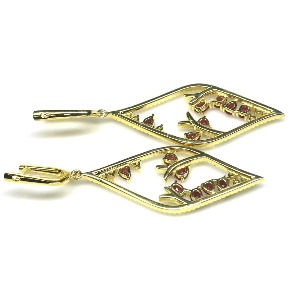 Heated Red Ruby & Cubic Zirconia Earrings 925 Sterling Silver 18K Gold Plated - Image 3 of 4
