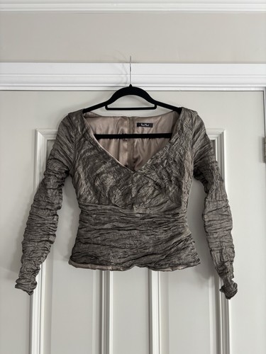 Stunning Vera Mont Vintage Khaki Gold V-Neck Occasion Party Top,Size Uk 12 - Picture 9 of 16