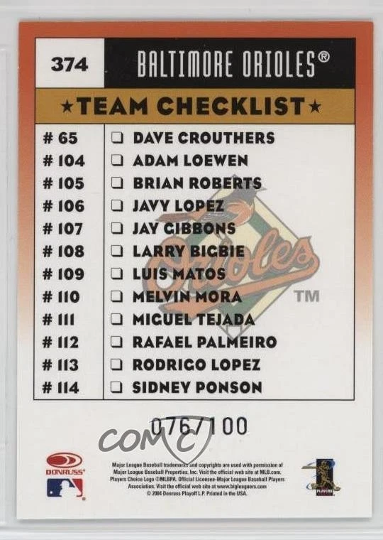 2005 Donruss Team Checklist Blue Press Proof /100 Miguel Tejada #374 - Image 2 of 2