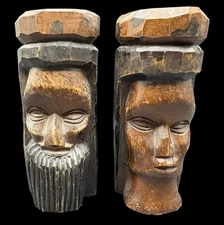 Hand Carved Tiki Head Figure Statue Wood Jamaica Man & Woman King Queen Craft 8"