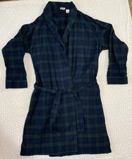LL Bean Robe Mens Large Green Plaid Flannel Cotton Sleepwear Lounge Belted Tie
