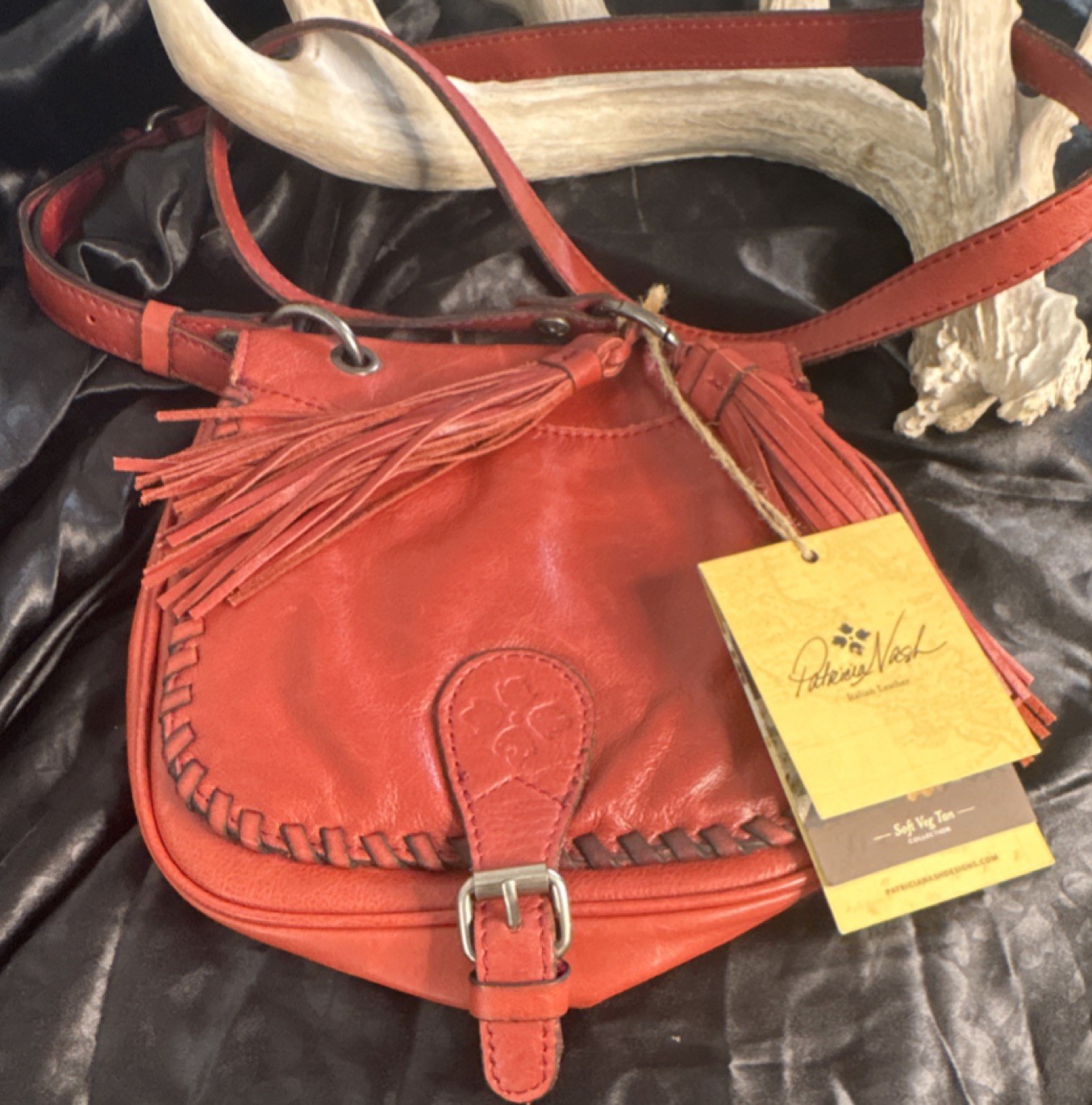 Patricia Nash Red Leather Shoulder Bag w/ Tassel & Buckle Accent