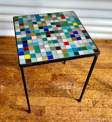 Vintage 1950s Multicolor GLASS TILE TABLE Wrought Iron Mid Century