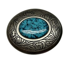 Vintage Western Belt Buckle Silver Tone Turquoise Oval Engraved Floral Concho