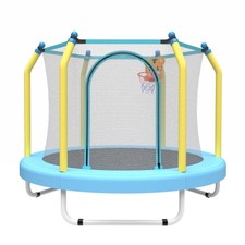 Small 55in Trampoline for Toddlers Blue with Safety Enclosure  Basketball Hoop