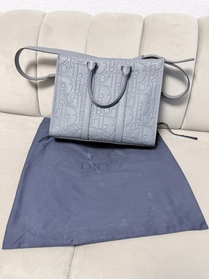 Christian Dior Oblique Embossed Leather Tote Bag   Grey   Excellent Condition