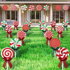 24 Pack Christmas Peppermint Yard Signs Candy Garden Sign with Stakes and Bow Xm