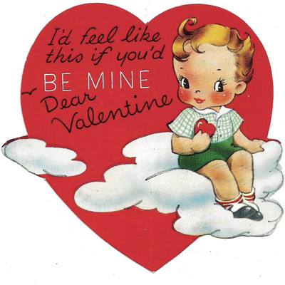 1940s Valentine Card Cute Angelic Boy On Cloud Nine Be Mine Heaven Die Cut Heart