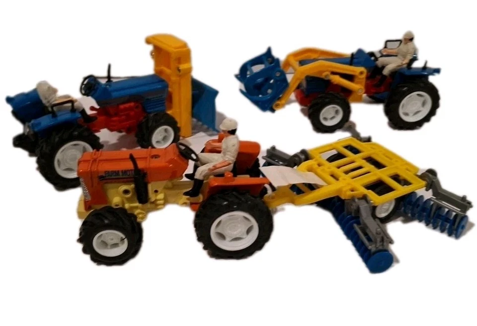 Vintage 1980s Farm Motor Tractor Lot of 3 w/ Implements & Drivers Majorette Styl - Image 2 of 4