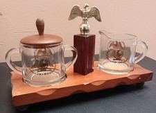 Vintage Eagle Cream And Sugar Set With Wooden Tray