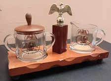 Vintage Eagle Cream And Sugar Set With Wooden Tray