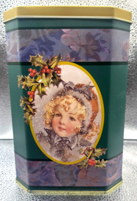 Christmas Tin Box Victorian Girl Roses Octagon Shaped Storage Container Vintage
