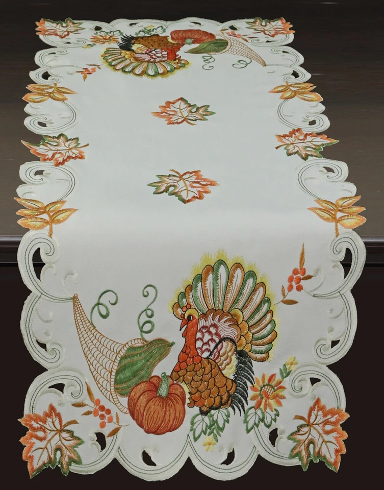 Creative Linens Fall Thanksgiving Turkey Placemats Table Cloth Runner Ivory - Image 2 of 4