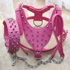 LARGE Spiked Leather Dog Harness Studded Collar Leash Lead SET Pitbull 26-34"