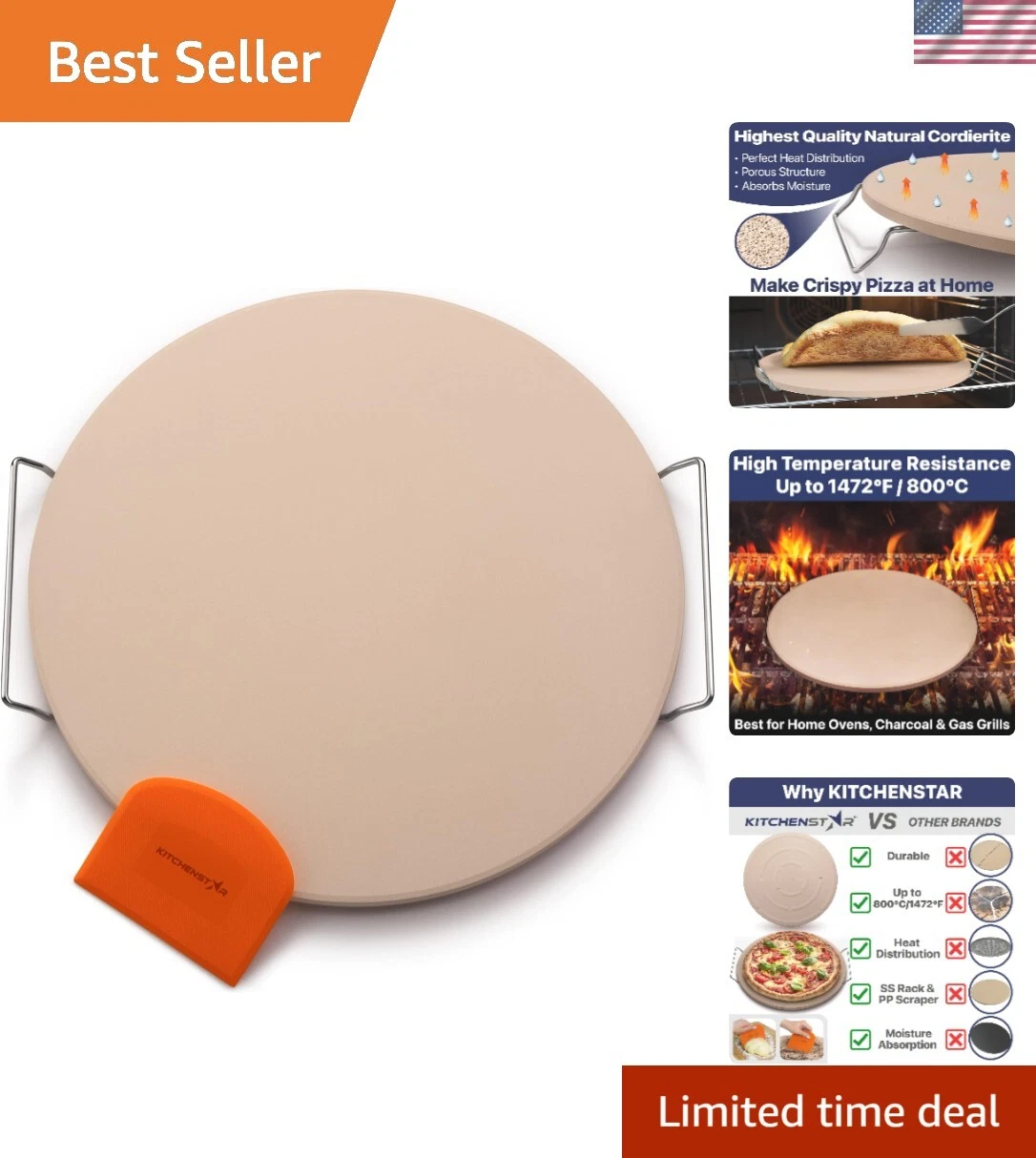 16" Pizza Stone for Oven & Grill with Handles - Natural Cordierite Baking Sto...
