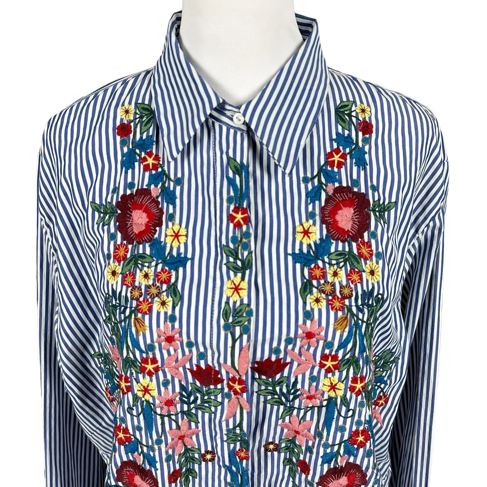 Blusa Zara Mujer M Azul Rayas Colorida Floral Bordada Larga Slv Botón Foto 2 de 4