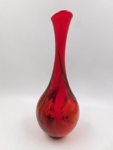 Vintage Hand Blown Murano Style Red Glass Vase with Green, Yellow, Black Swirls - Picture 4 of 8