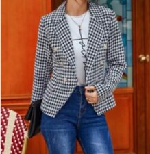 WOMAN DOUBLE BREASTED HOUNDSTOOTH BLAZER GOLD BUTTON SIZE M