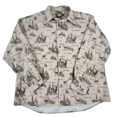 Cabela's Flannel Shirt Long Sleeve AOP Deer Button Down Hunting Size XL Reg