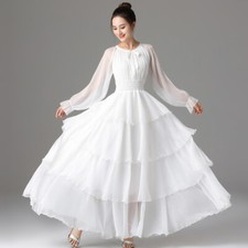 Lady Swing Dress Maxi Chiffon Tiered Layered Long Sleeve Princess Prom Gown Thin