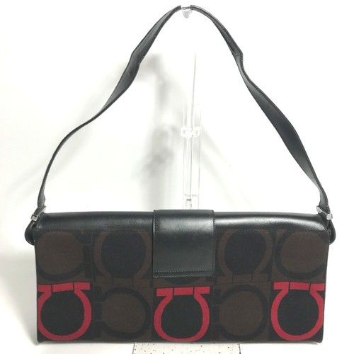 Salvatore Ferragamo Gancini Shoulder Bag Canvas/Leather Black/Brown x Red