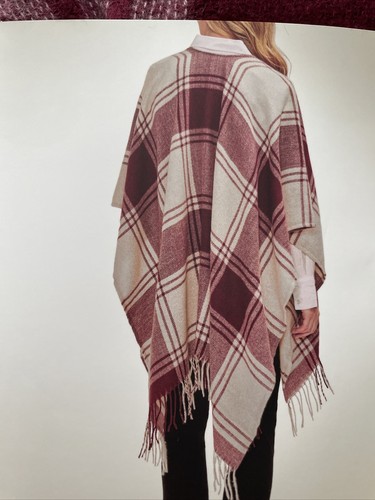 Banana Republic Wrap Kimono Blanket Cashmere Blend Plaid Red Fringe Wine New - Picture 5 of 6