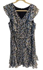 Tommy Hilfiger Ruffle Floral Chiffon Dress Fit Flare V Neck Blue Black Size 14