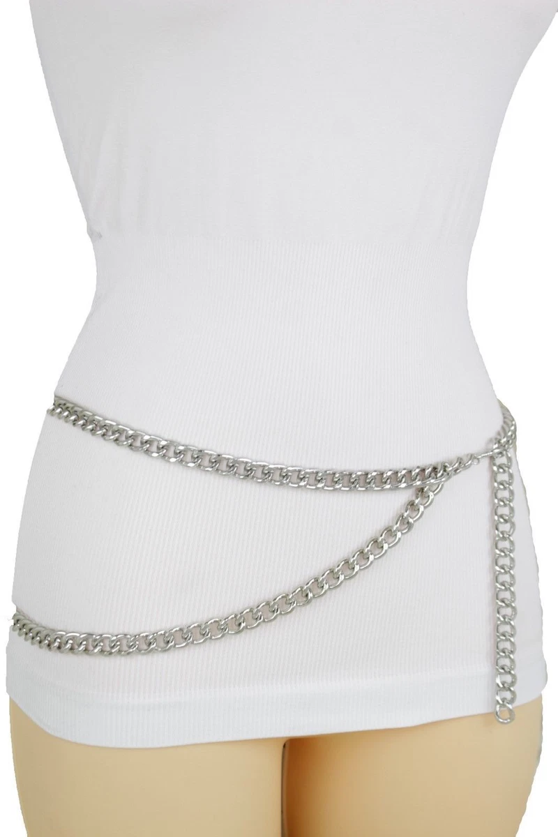 Women Belt Silver Metal Chain Links Hip High Waist Fashion Size XS S M L XL  XXL