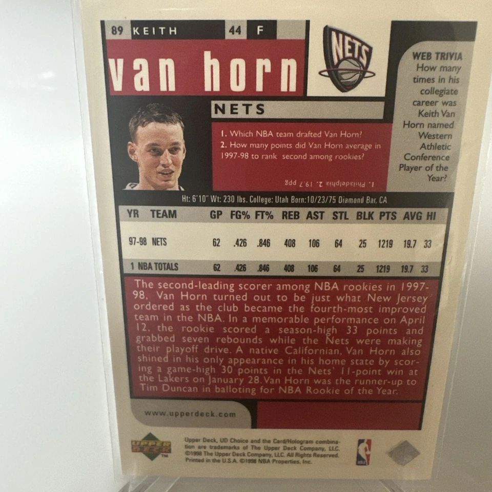 1998 Upper Deck Basketball Choice Reserve #89 Keith Van Horn - New Jersey Nets - Image 2 of 4