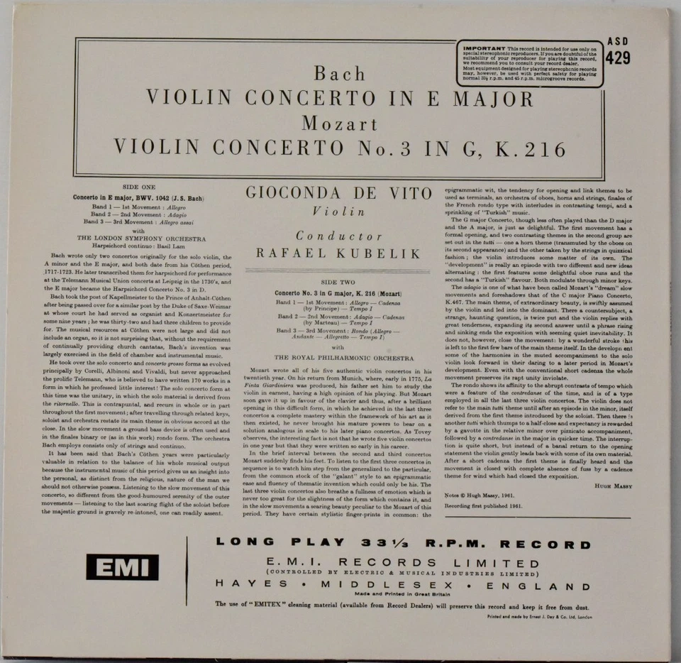 AUDIOPHILE TESTAMENT EMI ASD 429 UK BACH "Violin Concerto" GIOCONDA DE VITO 180g - Image 2 of 3