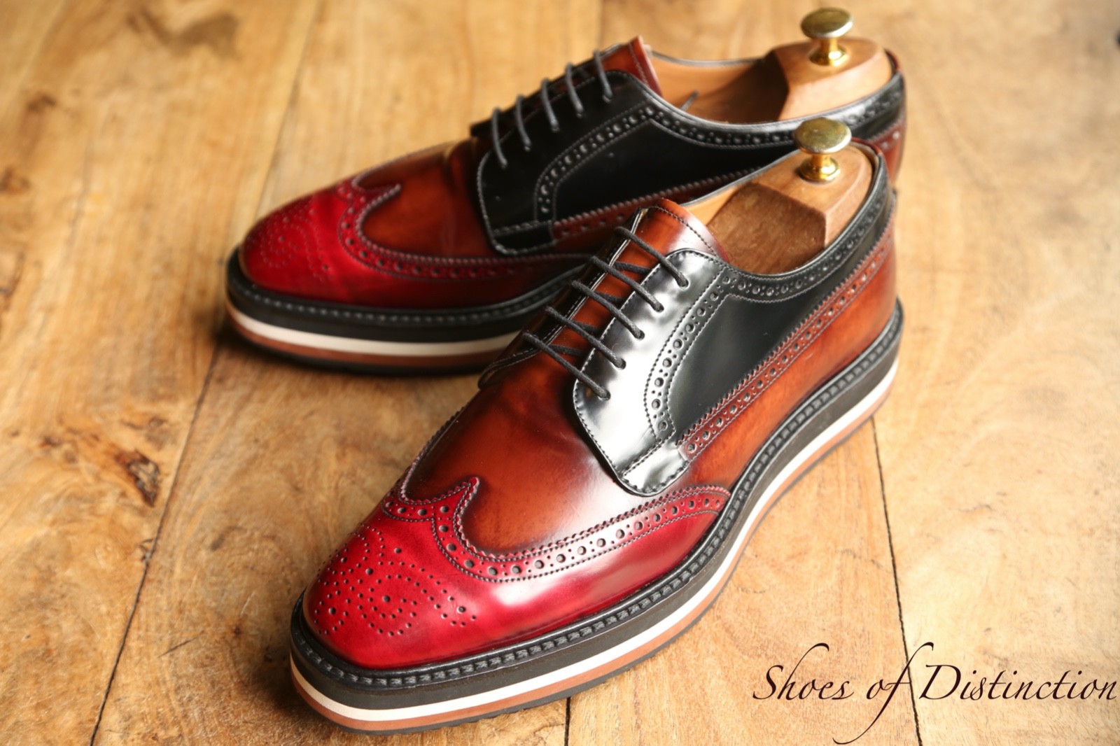 PRADA Red Brown Black Leather Derby Brogue Shoes Trainers Sneakers Men's UK 8
