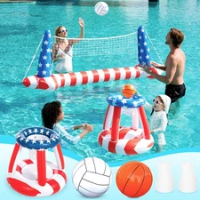 Inflatable Pool Floats Set Flag Volleyball Net & Basketball Hoops, Swimming P...