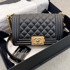 Chanel Small Boy Flap Black Caviar Leather Gold HW Crossbody Bag Auth.