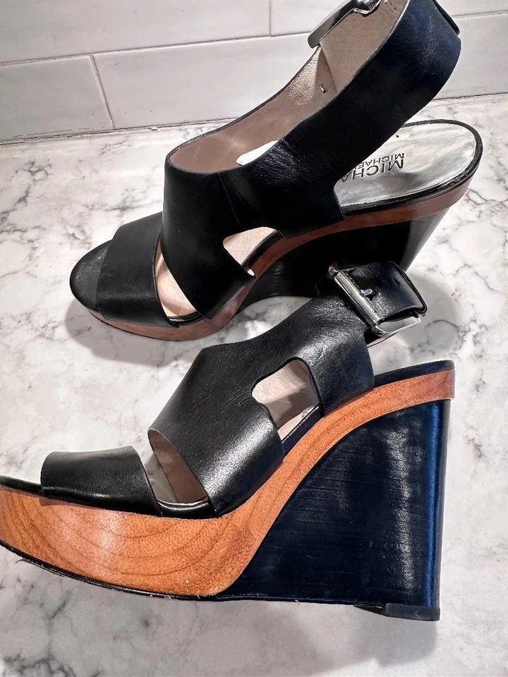 Michael Kors Josephine wedge heels black leather slingback sandals size 6.5 Foto 3 de 4