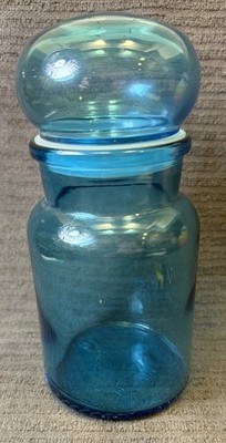 VTG APOTHECARY JARS BELGIUM bubble Lid BLUE Glass 7  MCM Q Tips Cotton-ball Bath