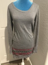 Women’s Soft Gray Long Sleeve Sweater Dress with Fair Isle Hem