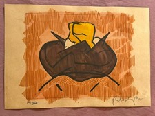 Claes Oldenburg painting drawing on old paper signed stamped