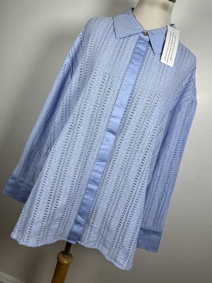 New Wynne Collection 1X Shirt Top Blue Eyelet Button Down Long Sleeve Woman D2