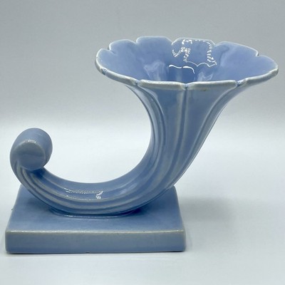 RARE 1930s Selma Robb Fisk Art Deco Petite Cornucopia Powder Blue Ceramic Vase