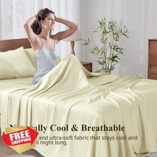 KRIMANO Queen Bamboo Sheet Set 4pc Creme Luxury Cooling 17" Pocket