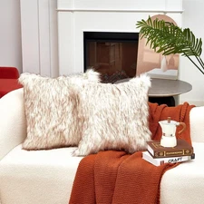 4 Pieces Fluffy Throw Pillow Cover 20 x 20 Inch Faux Fur Brown Decorative Pil...