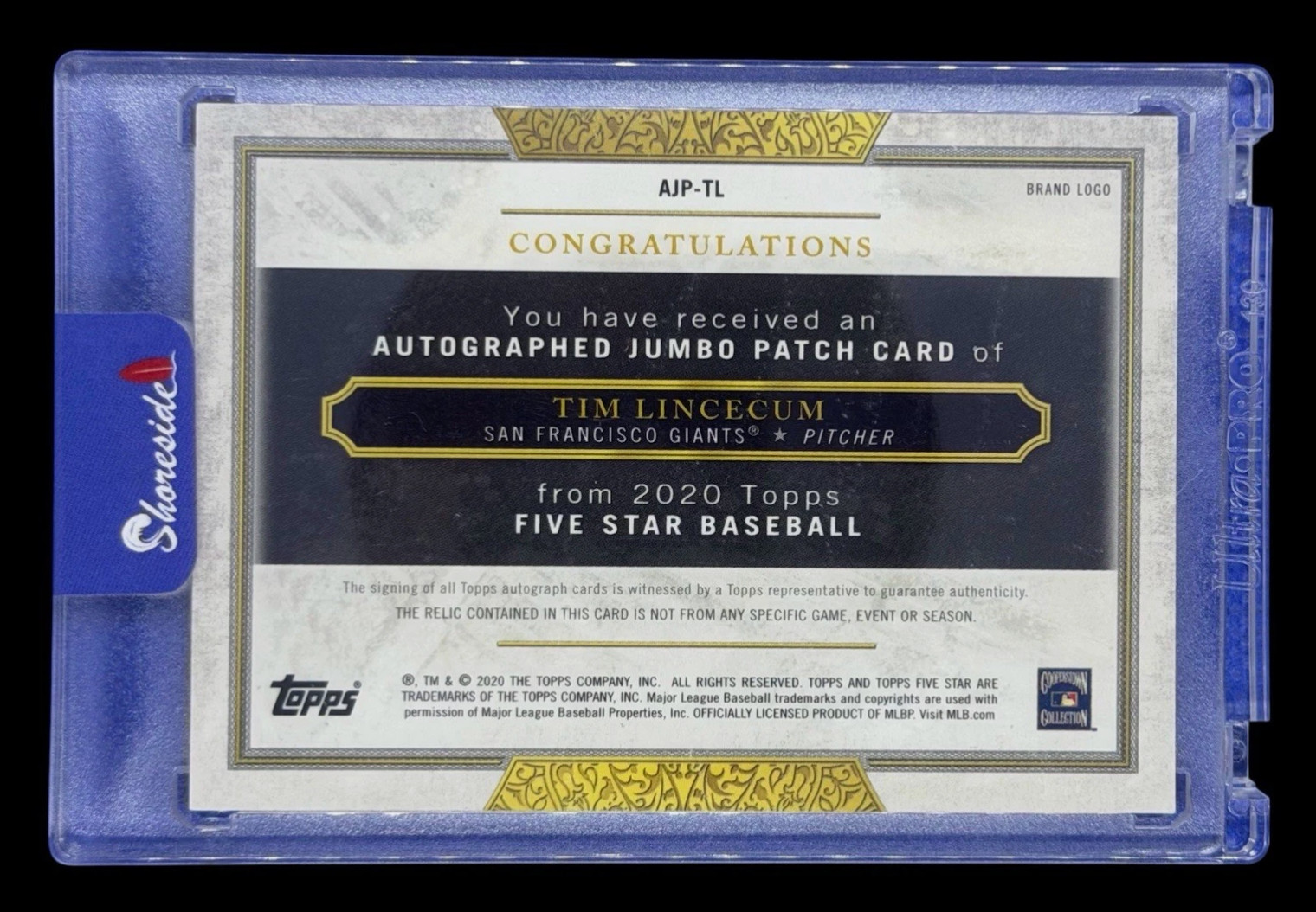 2020 Topps Five Star Tim Lincecum Majestic Jumbo Patch Autograph Auto 1/1 view 3