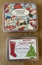 Cavallini Tin 100+ Christmas Stickers/Labels Vintage Christmas & Rubber Stamps