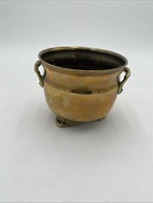 Vintage Solid Small Brass Cauldron Planter Pot Footed with Handles 5.5" X 4.5"