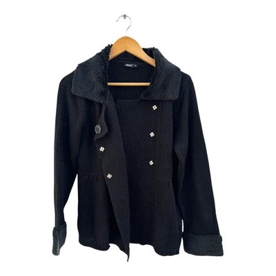 Okay Strickjacke Damen Gr 38 Schwarz Kunstfellkragen Elegant Doppelreiher Warm