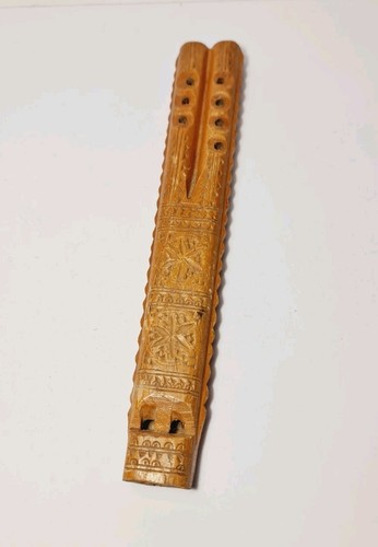 Vintage Wooden Double Flute Hand Carved Kaval Balkan Folk Musical Instrument