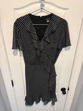 Tahari Women's Dress Polka Dot V-Neck Ruffle Hem Size 14 Black White